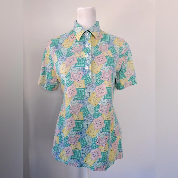 Vintage ‘90s David Smith Pastel Cottagecore Print Short Sleeve Polo Shirt - Picture 4 of 8